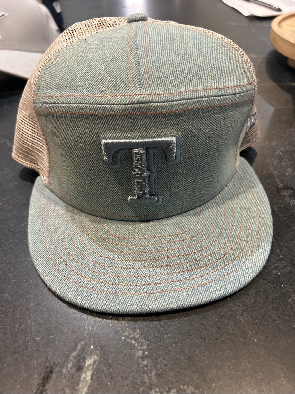 Texas Rangers New Era Light Blue and Tan Mesh Trucker Hat with Embroidered 'T'